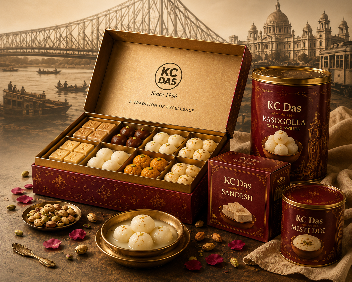 KC Das premium sweet gift box, canned Rossogolla, Sandesh and Mishti Doi packaging